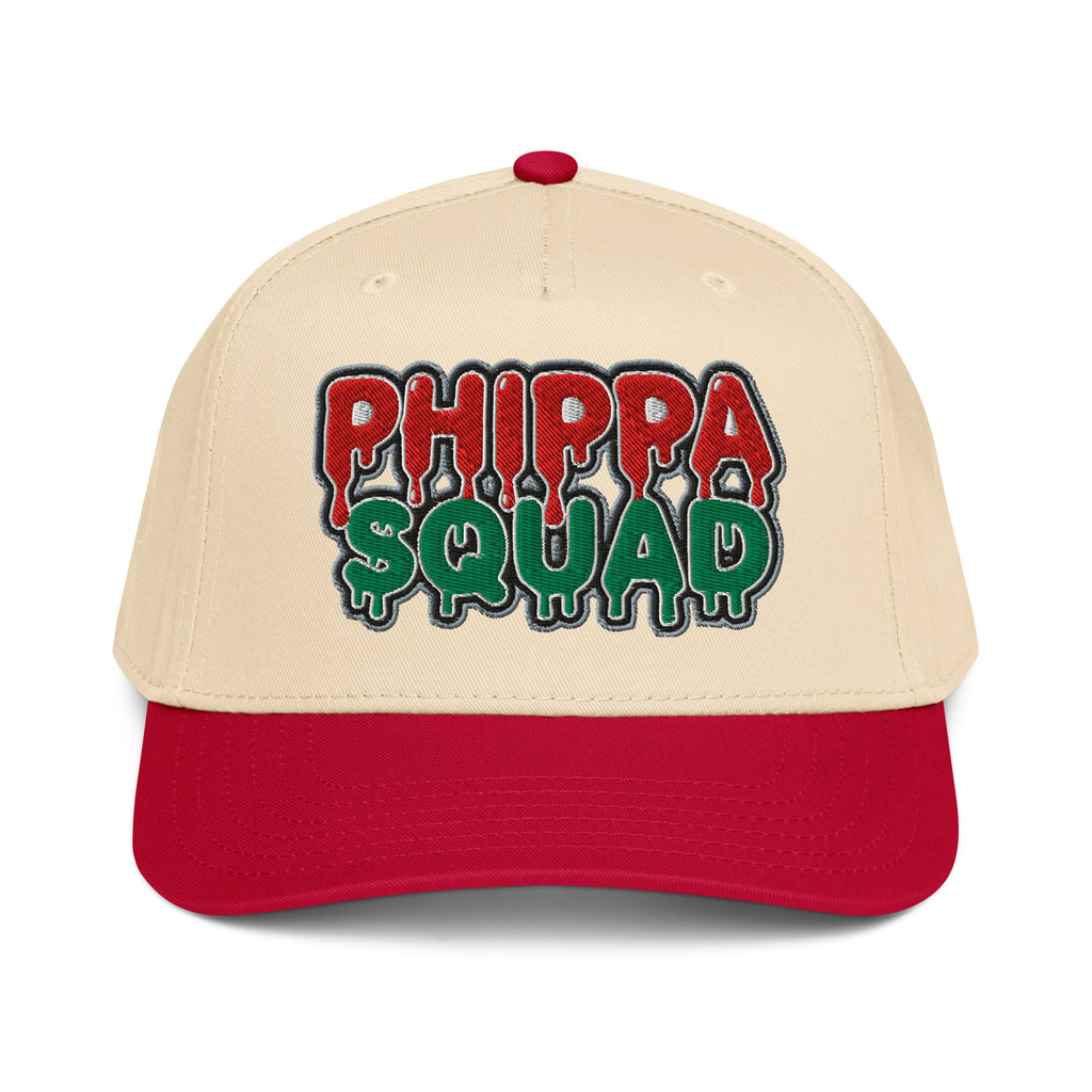 Red Phippa Squad 5-panel snapback cap, bold hip hop streetwear hat