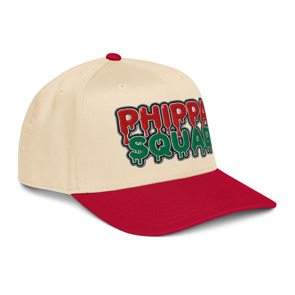 Red Phippa Squad snapback cap detail, embroidered streetwear hat