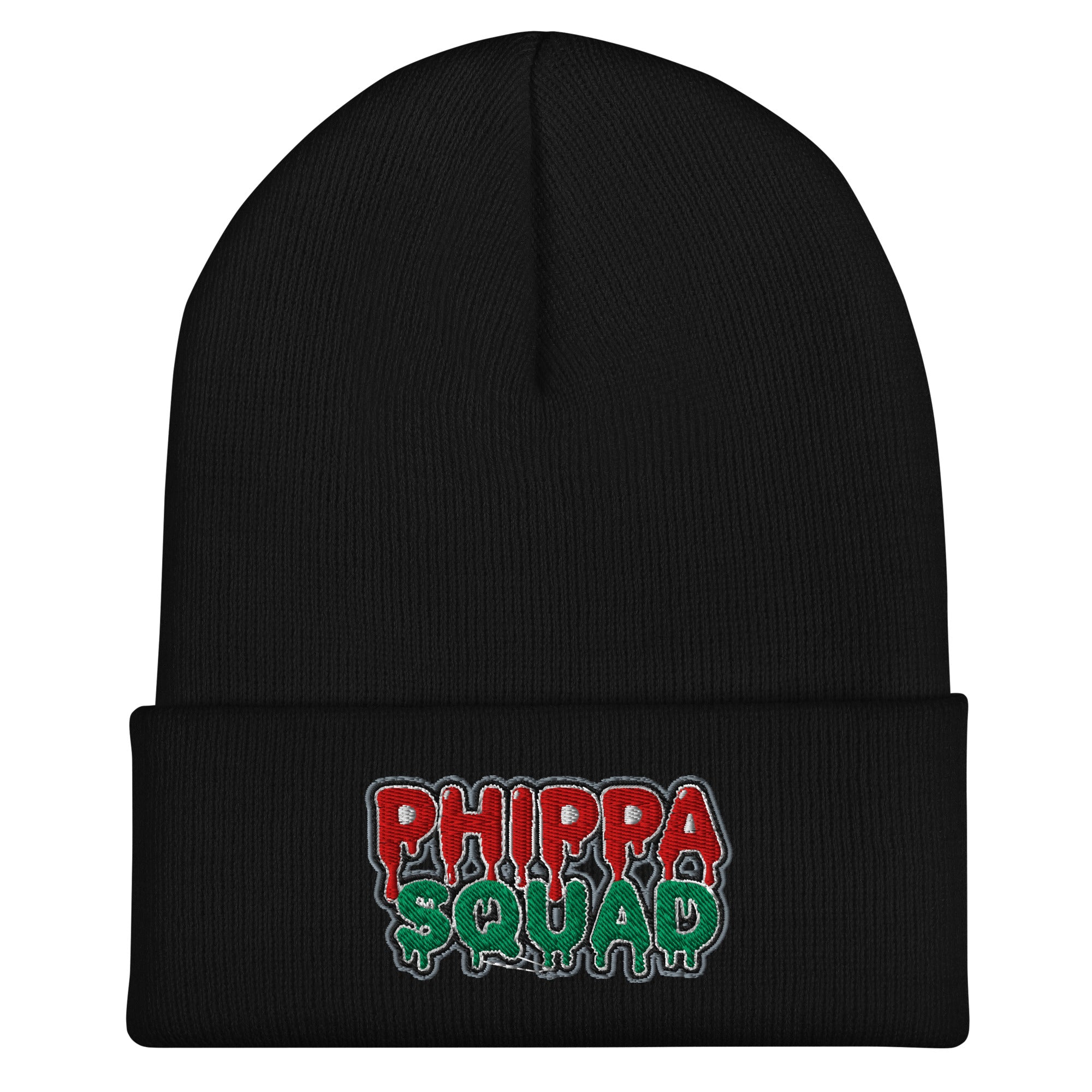 Black Phippa Squad cuffed beanie side view, hip hop winter streetwear