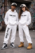 Two kids wearing white Phippa Squad Pure Heat hoodie and jogger set - Eco-Suite matching streetwear