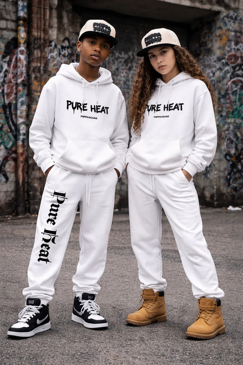 Two kids wearing white Phippa Squad Pure Heat hoodie and jogger set - Eco-Suite matching streetwear
