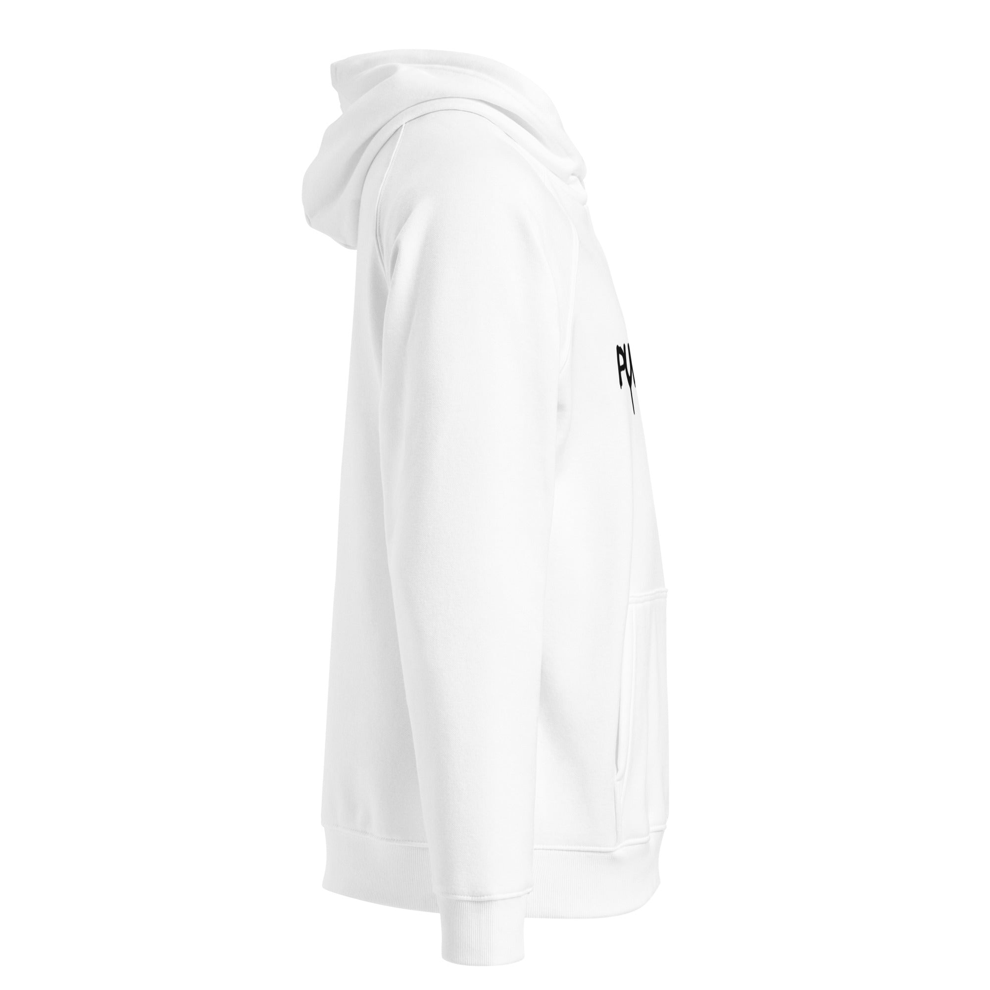 Phippa Squad white eco raglan hoodie side view, unisex streetwear