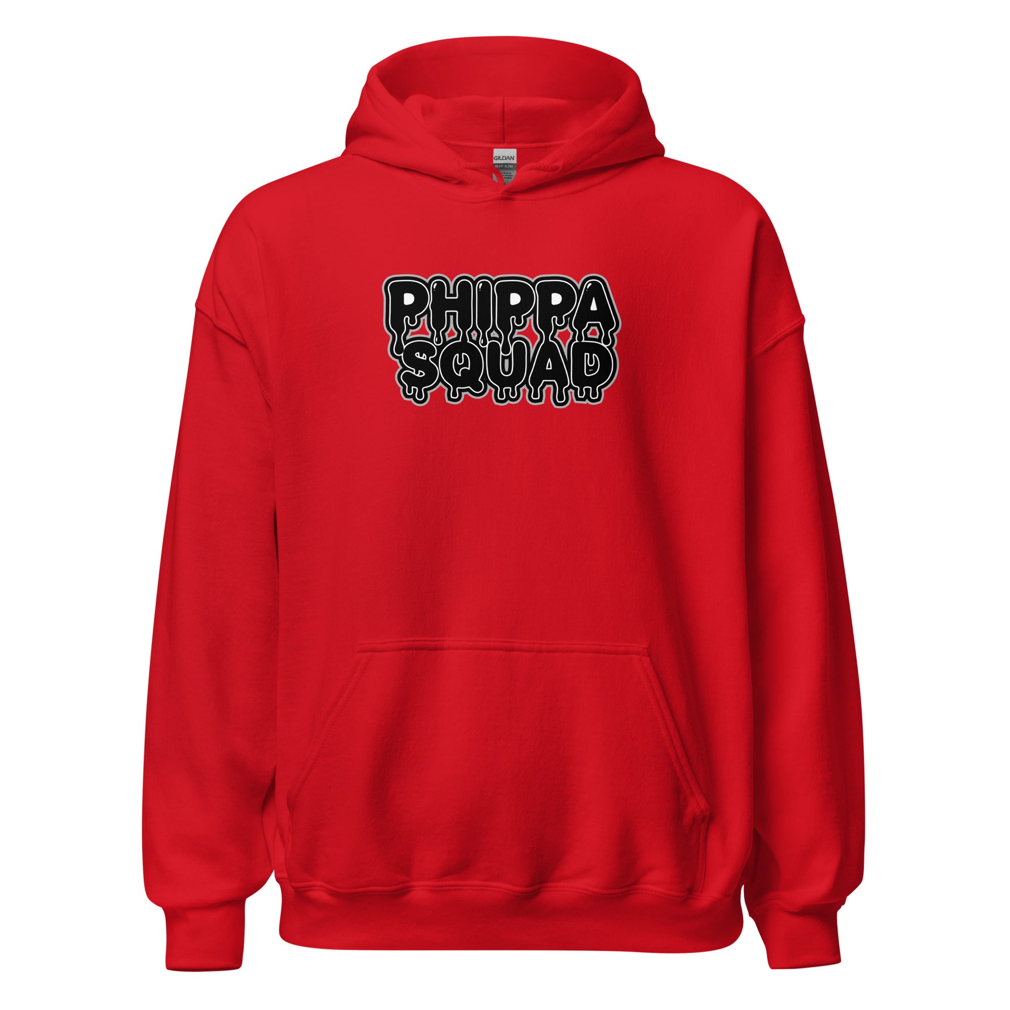 Red Phippa Squad classic unisex hoodie front view, hip hop streetwear