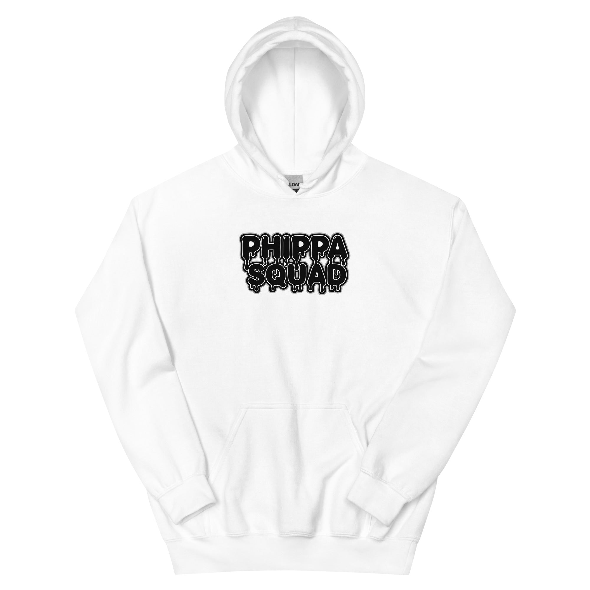 White Phippa Squad classic unisex hoodie front view, hip hop streetwear